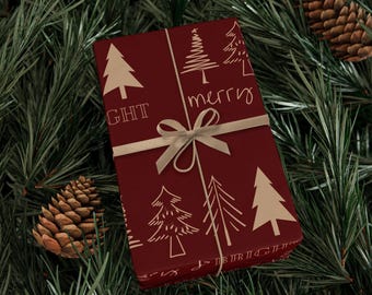 Papel de regalo navideño, diseño alegre y brillante en burdeos y beige, rollo para envolver regalos navideños, decoración festiva para embalajes invernales.