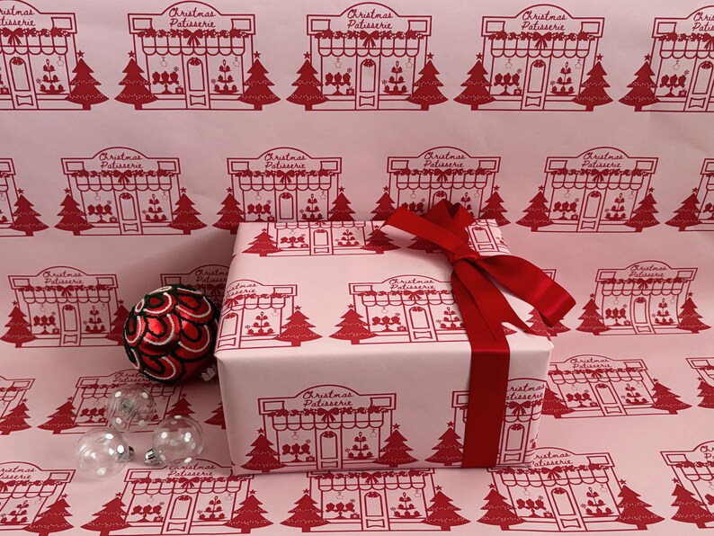 Christmas Wrapping Paper, Pink Christmas Vintage Paris Patisserie Design, Holiday Gift Wrap Roll for Presents, Festive Xmas Wrapping Paper image 7