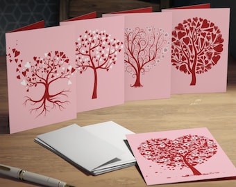 Juego de tarjetas "Árbol del Amor", tarjetas de felicitación para San Valentín, tarjetas con corazones rojos y rosados, regalo romántico de aniversario para ella, tarjeta rosa y roja.