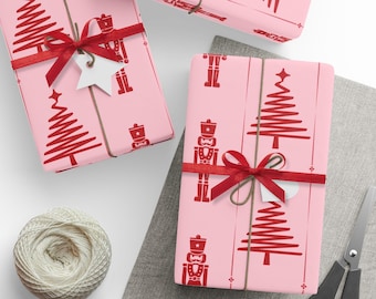 Christmas Wrapping Paper, Nutcracker Christmas Tree, Pink & Red Vintage Style, Holiday Gift Wrap Roll for Presents, Christmas Wrapping Decor