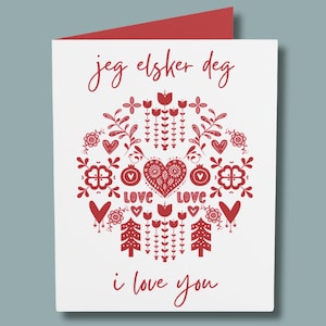 Valentines Day Scandinavian Folk Art Card| Norwegian Swedish Nordic Greeting Card| Birthday Card For Girlfriend Wife Boyfriend Husband