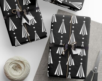 Papel de embrulho de Natal, estampa de árvore de Natal em preto e branco, rolo de papel de presente para as festas de fim de ano, decoração natalina festiva e sazonal em preto.