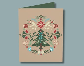 May include: A beige card with a green, red, and blue floral design featuring a stylized Christmas tree in the center.