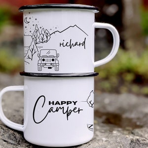 Happy Camper Mug Personalize| Camping Mug| Adventure Mug| Enamel Mug| Nature Lover Gift| Campfire Mug| Gift For Campers| Camping Lover Gift