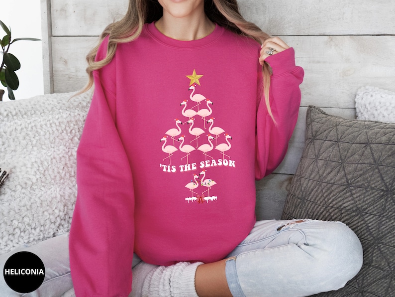 Womens Christmas Flamingo Sweatshirt Pink Flamingo Christmas Tree Shirt