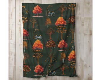 Fall Blanket – Cozy Fleece Autumn Leaves Throw, Forest Green Orange Brown, Woodland Cabin Decor, Nature-Inspired Fall Blanket, Gift