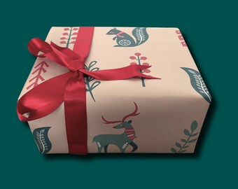 Papel de regalo navideño, diseño escandinavo de árbol y animales, rollo de papel de regalo para las fiestas, papel noruego-sueco, beige