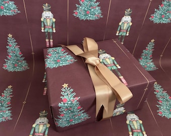 Papel de embrulho de Natal, Quebra-nozes e Árvore, Bordô e Dourado, Rolo de Papel de Presente para as Festas de Fim de Ano, Papel de Embrulho Festivo de Inverno, Designs em Estilo Vintage