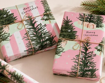 Papier cadeau Noël rose, arbres de la forêt, emballage cadeau joyeux Noël, joli rouleau d'emballage des fêtes pour cadeaux, emballage cadeau festif moderne
