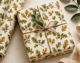 Oak Leaf Wrapping Paper Botanical Birthday Gift Wrap Acorns Christmas Holiday Wrapping Paper Woodland Nature Lover Gift Wrap Forest Decor