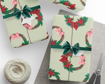 Christmas Wrapping Paper, Light Green Farmhouse Wreath Gift Wrap, Red Pink Bow Holiday Present Wrap Roll, Winter Greenery Christmas Decor