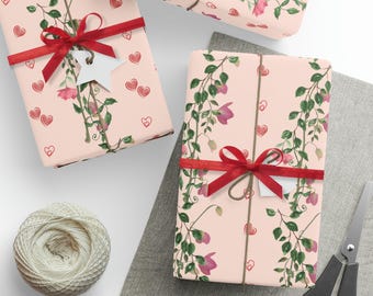 Florales Geschenkpapier, rosa Blumen-Herzen-Geschenkpapierrolle für, elegantes botanisches Geschenkpapier, Geburtstag Valentines Hochzeitsdeko-Geschenkverpackung