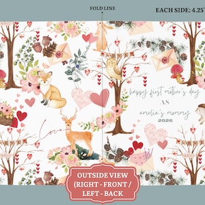 May include: A folded card with a woodland theme, featuring a fox, deer, owl, and hedgehog. The card has a white background with pink hearts, flowers, and the text "Happy First Mother's Day as Amelia's Mommy 2026". Each side measures 4.25" x 5.5".