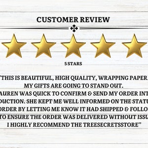 May include: Image of a customer review with five gold stars. The text reads: "THIS IS BEAUTIFUL, HIGH QUALITY, WRAPPING PAPER. MY GIFTS ARE GOING TO STAND OUT." The review recommends the shop.