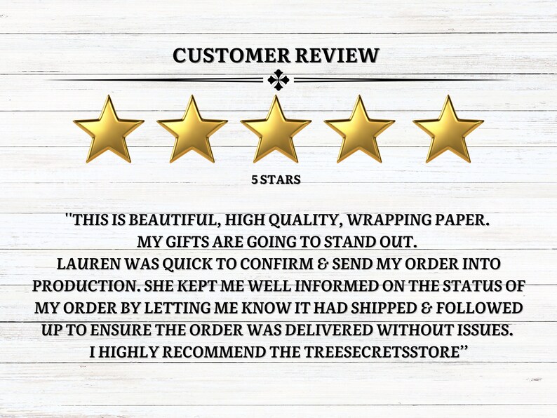 May include: Image of a customer review with five gold stars. The text reads: "THIS IS BEAUTIFUL, HIGH QUALITY, WRAPPING PAPER. MY GIFTS ARE GOING TO STAND OUT." The review recommends the shop.