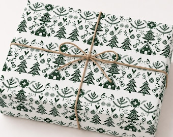 Christmas Wrapping Paper, Scandinavian Folk Art Tree Design, Holiday Gift Wrap Roll for Presents, Norwegian Swedish Paper, White & Green