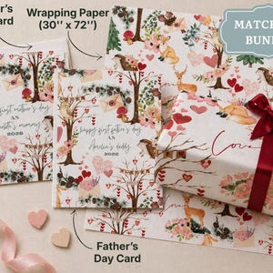 May include: A matching bundle of Mother's Day and Father's Day cards with wrapping paper. The cards and paper feature a floral and woodland animal design with the text "happy first mother's day" and "happy first father's day". The wrapping paper is 30" x 72".