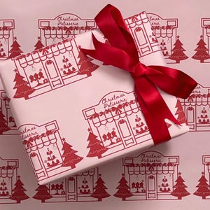 Christmas Wrapping Paper, Pink Christmas Vintage Paris Patisserie Design, Holiday Gift Wrap Roll for Presents, Festive Xmas Wrapping Paper image 1
