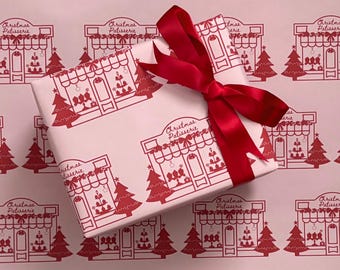 Christmas Wrapping Paper, Pink Christmas Vintage Paris Patisserie Design, Holiday Gift Wrap Roll for Presents, Festive Xmas Wrapping Paper