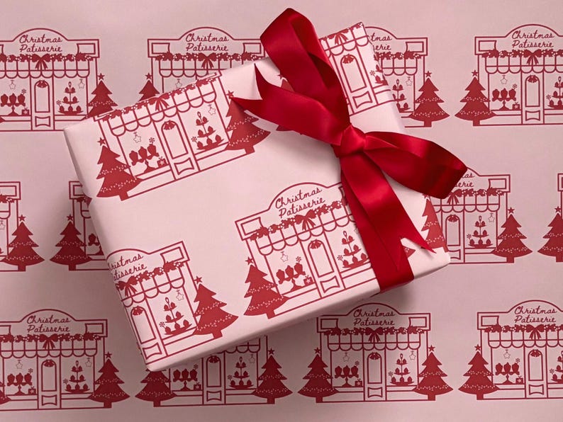 Christmas Wrapping Paper, Pink Christmas Vintage Paris Patisserie Design, Holiday Gift Wrap Roll for Presents, Festive Xmas Wrapping Paper image 1