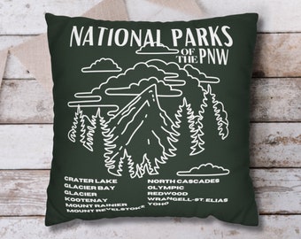 PNW National Parks Throw Pillow, Forest Green Camping Pillow, Pacific Northwest Mountain Decor Cushion, Cabin Outdoor Travel Gift Sofa Bed