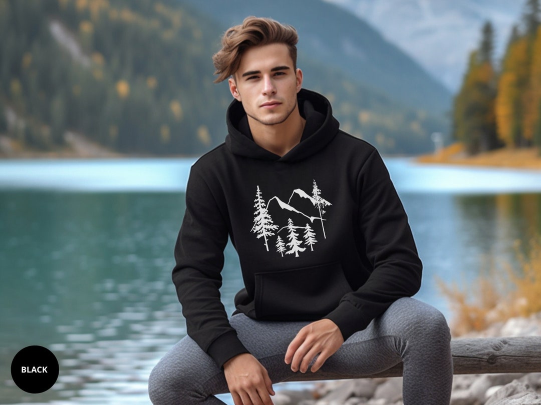 Mountain treetop print hooded sweatshirt shop