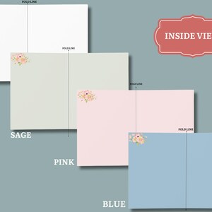 May include: A collection of folded greeting cards in white, sage green, pink, and blue. Each card features a floral design in the upper left corner. The text "INSIDE VIEW" is displayed in a red, decorative frame.