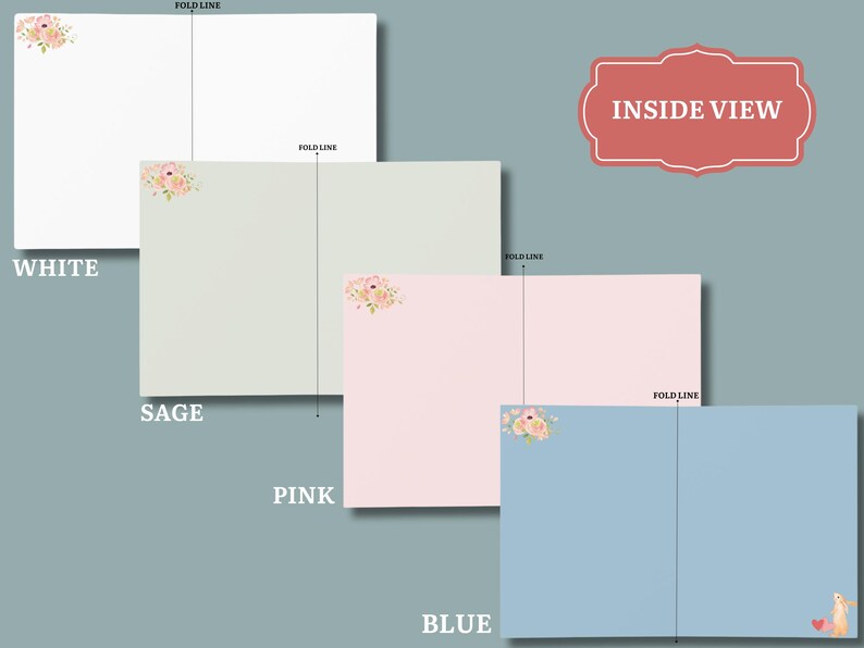 May include: A collection of folded greeting cards in white, sage green, pink, and blue. Each card features a floral design in the upper left corner. The text "INSIDE VIEW" is displayed in a red, decorative frame.