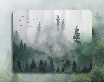 Evergreen Forest Fleece Blanket, Watercolor Pine Tree Throw, Cozy Cabin Sofa Camping Blanket, Nature Lover Gift, Forest Home Decor For Gifts