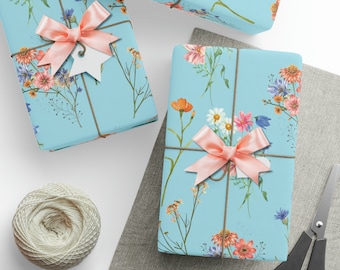 Florale Geschenkpapierrolle, Türkisblumen-Geschenkpapier, Geburtstagsgeschenkverpackung, Muttertagspapier, hübsche Blumengeschenkpapierrolle, Frühlingspapier