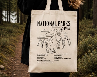 National Parks Canvas Tote Bag, PNW Bag, Pacific Northwest Outdoor Adventure Nature Lover Gift, Hiking Forest Camping Shopping Tote Bag