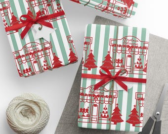 Weihnachtsgeschenkpapier, blaugrüne Streifen & rotes Vintage Paris Patisserie Design, Geschenkpapierrolle für Geschenke, festliche Verpackung