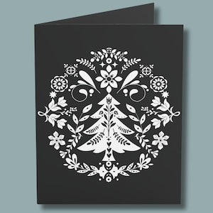 Biglietto di Natale scandinavo nero/Arte popolare norvegese svedese/Set di biglietti di auguri nordici norvegesi/Natale in fattoria/Biglietto di compleanno invernale