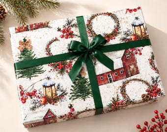 Wrapping Paper, Rustic Christmas Design, Red Barn & Woodland Greenery, Holiday Gift Wrap Roll for Presents, Farmhouse Christmas Packaging