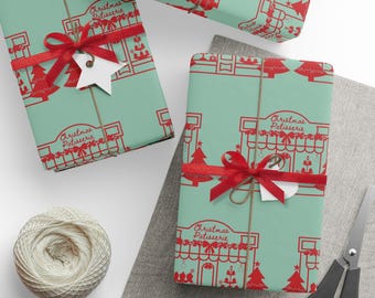 Christmas Wrapping Paper, Teal Blue Vintage Paris Patisserie & Xmas Tree Design, Holiday Gift Wrap Roll for Presents, Festive Seasonal Decor