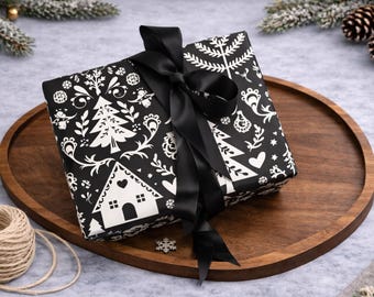 Papel de regalo navideño, diseño de árbol de Navidad de arte popular escandinavo, rollo de papel de regalo para las fiestas, papel noruego-sueco, blanco y negro
