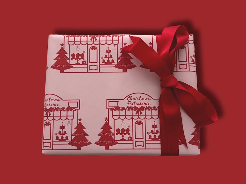 Christmas Wrapping Paper, Pink Christmas Vintage Paris Patisserie Design, Holiday Gift Wrap Roll for Presents, Festive Xmas Wrapping Paper image 2