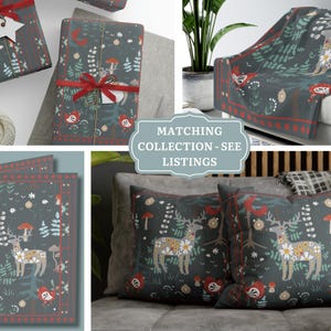 May include: A set of throw pillows with a dark blue background and a whimsical forest scene featuring deer, mushrooms, and flowers. The pillows are decorated with red and white accents. The text "Matching Collection - See Listings" is displayed on a blue background.