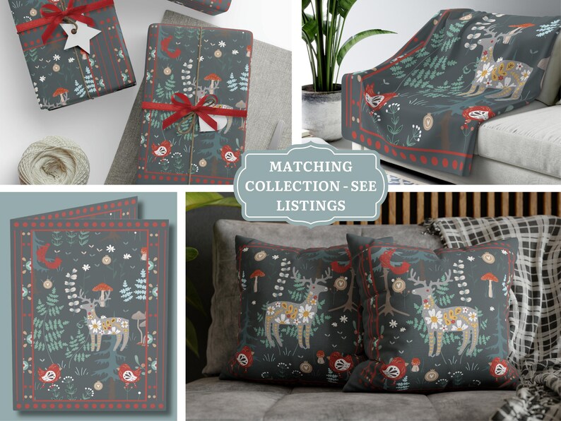 May include: A set of throw pillows with a dark blue background and a whimsical forest scene featuring deer, mushrooms, and flowers. The pillows are decorated with red and white accents. The text "Matching Collection - See Listings" is displayed on a blue background.