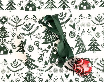Christmas Wrapping Paper, Scandinavian Folk Art Tree Design, Holiday Gift Wrap Roll for Presents, Norwegian Swedish Paper, White & Green