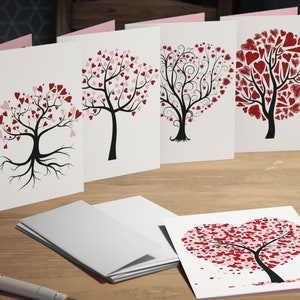 Lot de cartes amour arbre| Carte de Saint Valentin| pour notes de voeux coeurs rouges roses | Lot de cartes d'anniversaire Forêt boisée | Carte de remerciement pour amoureux de la nature