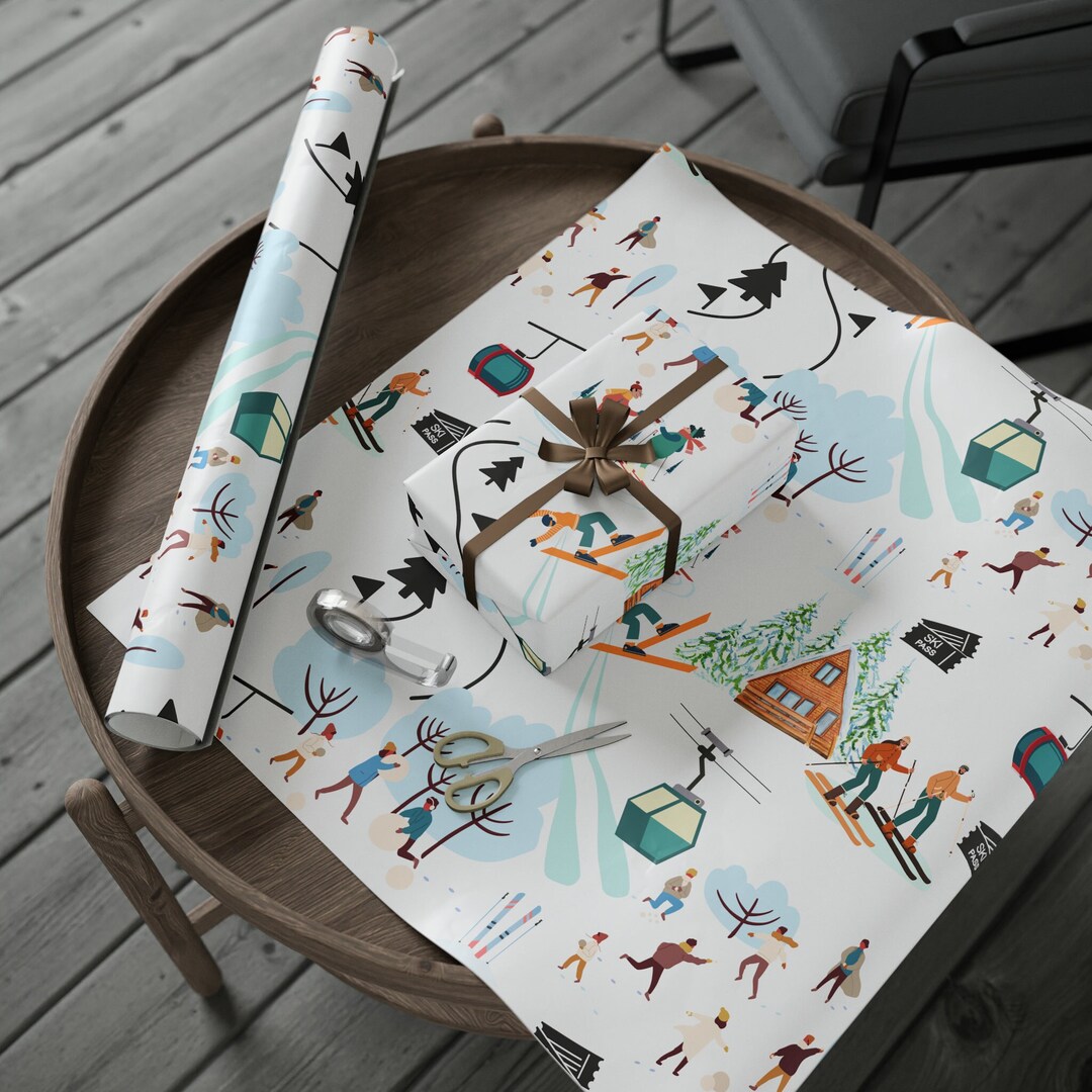 Wrapping Paper Skiers Gift Wrap Winter Birthday Wrap Christmas Wrapping