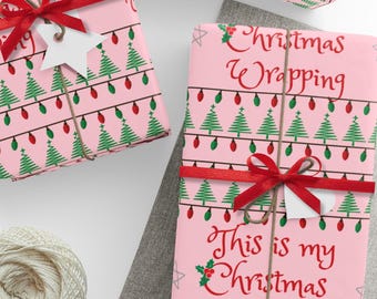 Christmas Tree Wrapping Paper, Funny Holiday Gift Wrap, Evergreen Tree Gift Wrap Roll, Pink Christmas Wrapping Paper, Holiday Present Wrap