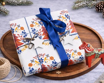 Papel de regalo navideño, papel de regalo de arte popular escandinavo, rollo de papel de regalo navideño nórdico, rollo de papel de regalo navideño escandinavo Dala