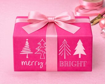 クリスマス包装紙、ホットピンクのツリー型ギフト包装紙、メリーブライト包装紙ロール、ホリデーギフト包装紙、ピンクのクリスマス包装紙