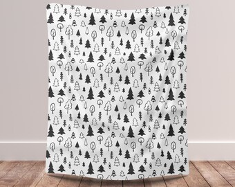 Woodland Forest Trees Blanket, Black White Fleece Throw, Nature Decor for Sofa, Cabin Blanket, Winter Cozy Home Blanket, Christmas Holiday