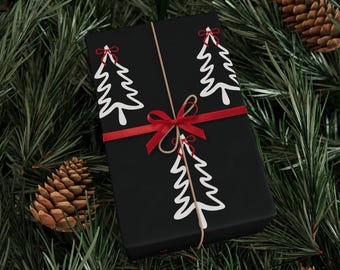 Papel de embrulho com estampa de árvore de Natal preta – Papel de embrulho chique e glamoroso para presentes de Natal, ideal para aniversários de inverno, presentes em geral e muito mais. Design festivo.