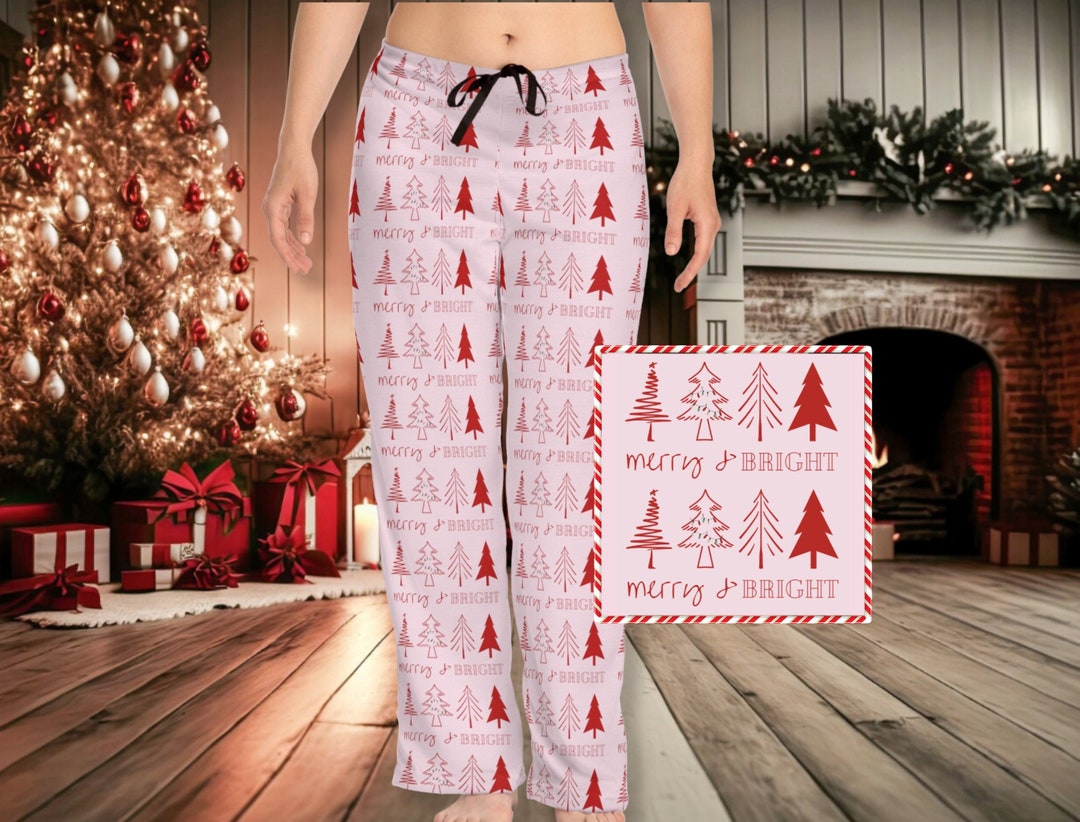 Women s Pink Christmas Pajama Pants merry Bright Pjs Christmas Sleepwear Her xmas Sleepwear match Family Pajamas Holiday Pj Pants Etsy Canada