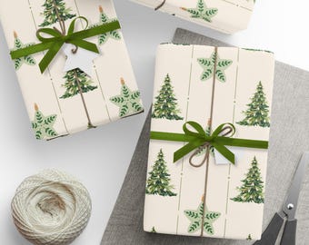 Christmas Wrapping Paper, Vintage Farmhouse Woodland Tree & Star Design, Holiday Gift Wrap Roll, Rustic Winter Presents, Festive Wrap
