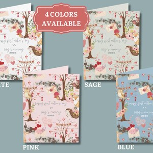 May include: Greeting cards in four colors: white, sage, pink, and blue. Each card features a whimsical illustration with trees, hearts, and woodland creatures. Text reads "Happy First Mother's Day as Lily's Nanny 2025".